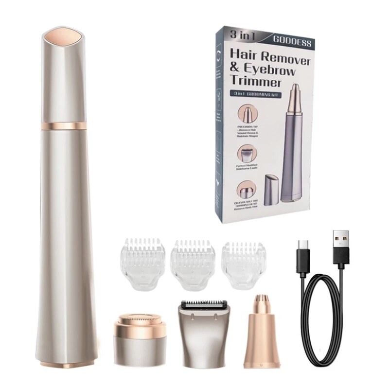 Electric epilator and hair remover for women, showcasing multiple trimming heads and USB charging cable.