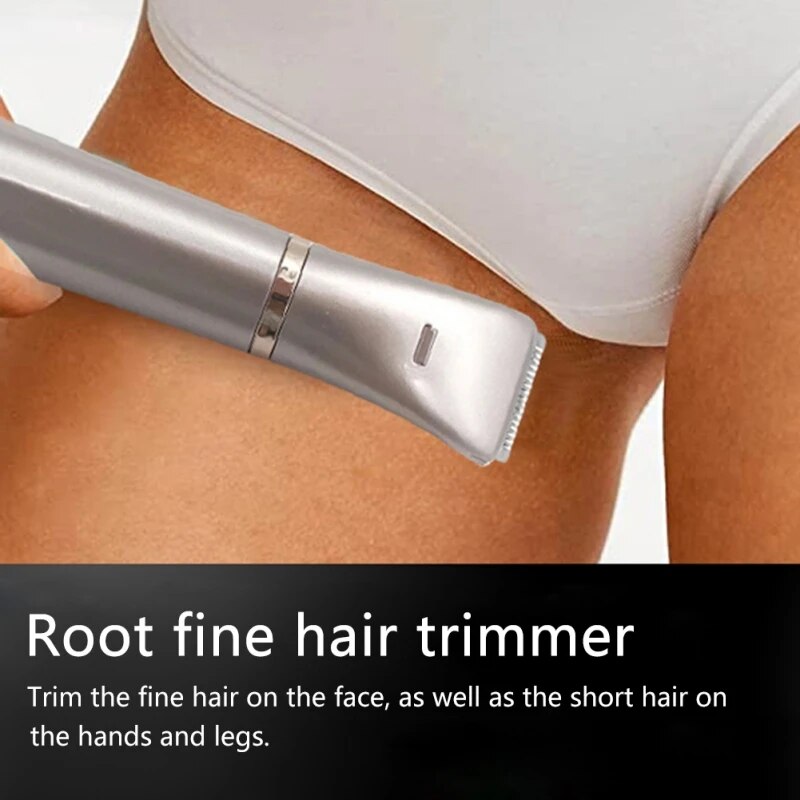 Electric epilator and hair remover for women, showcasing multiple trimming heads and USB charging cable.