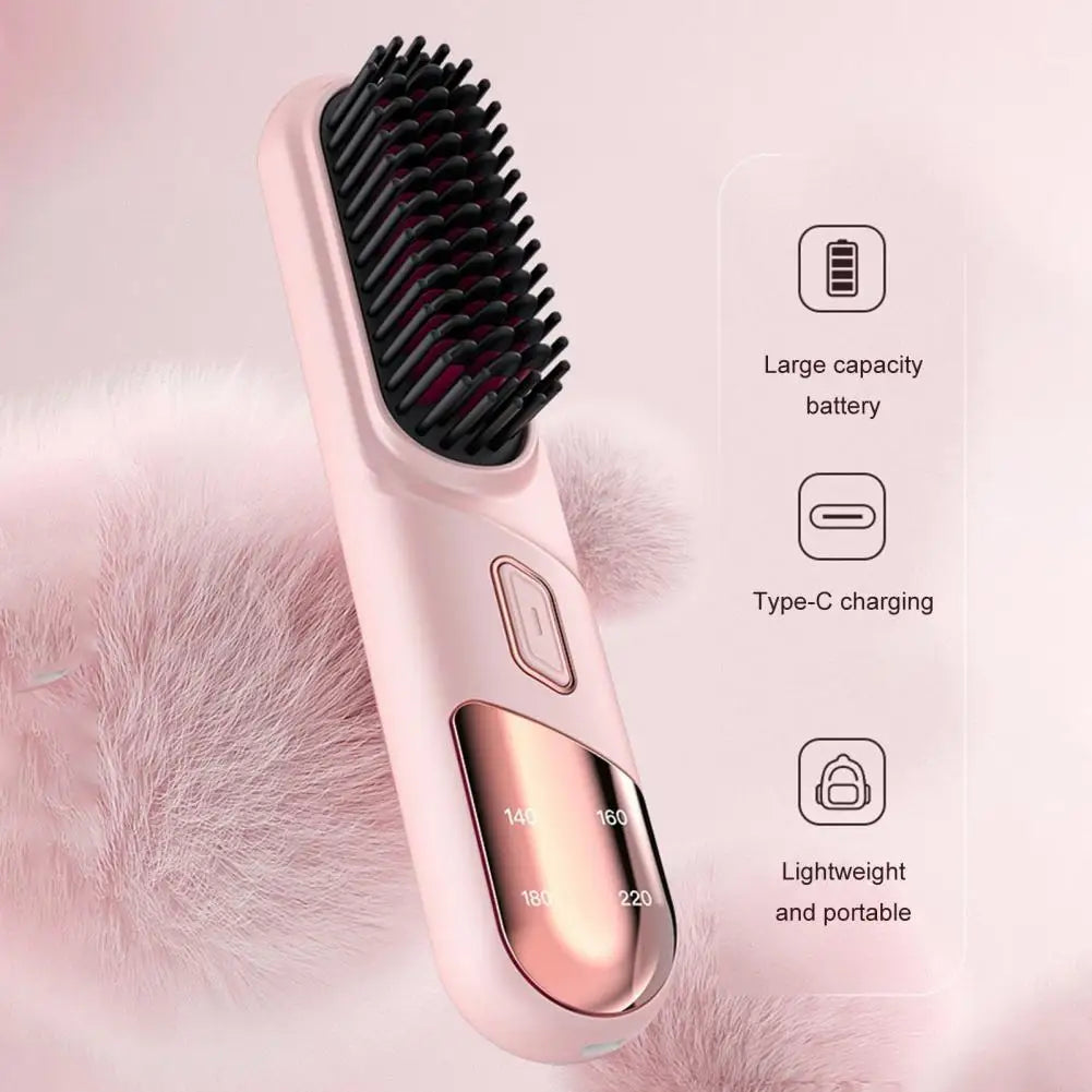 Hair Straightener Brush with USB Rechargeable feature, showcasing its sleek design and adjustable temperature settings.