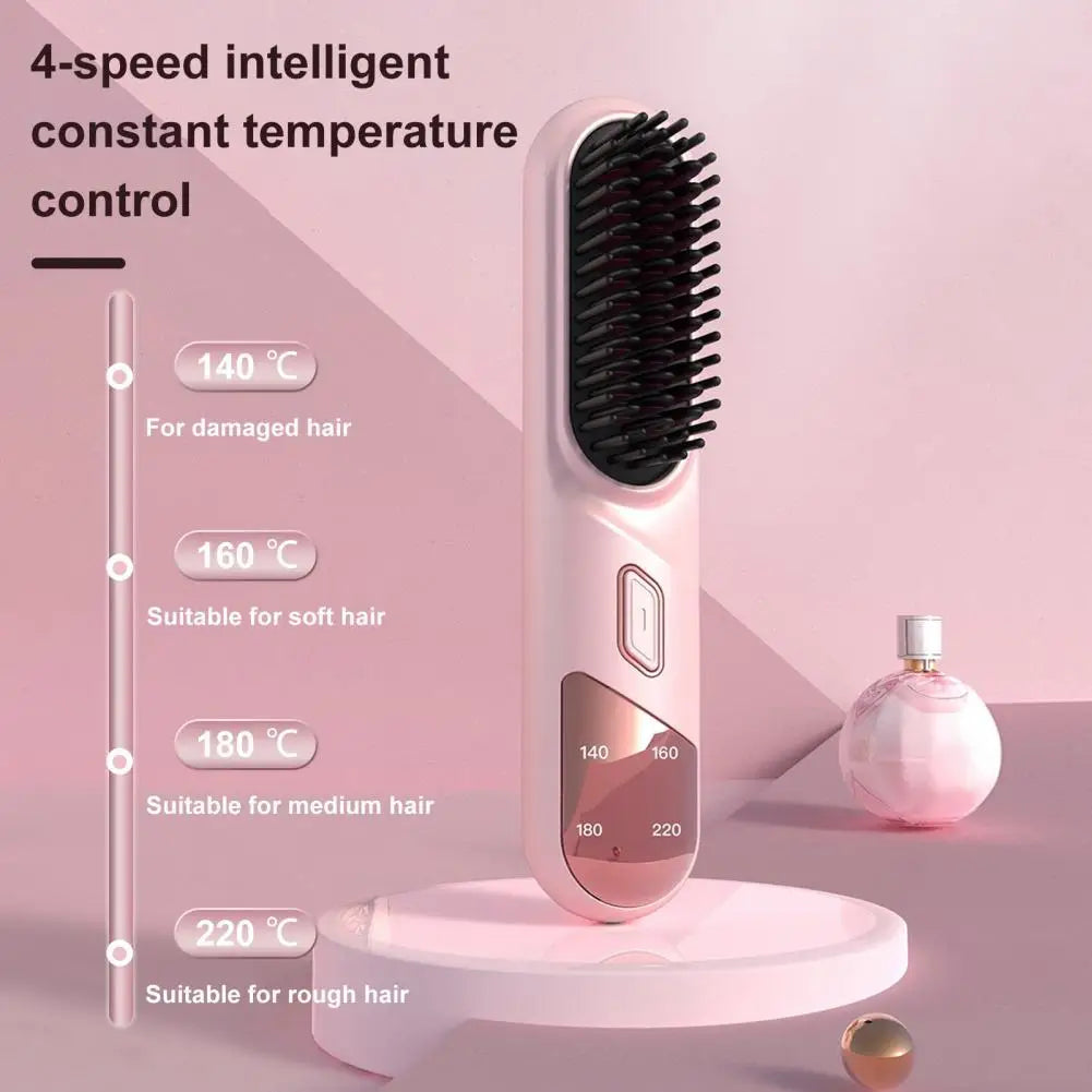 Hair Straightener Brush with USB Rechargeable feature, showcasing its sleek design and adjustable temperature settings.