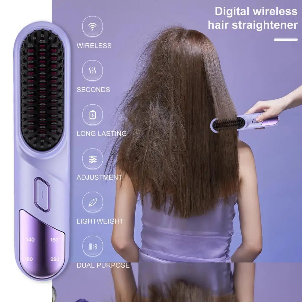 Hair Straightener Brush with USB Rechargeable feature, showcasing its sleek design and adjustable temperature settings.