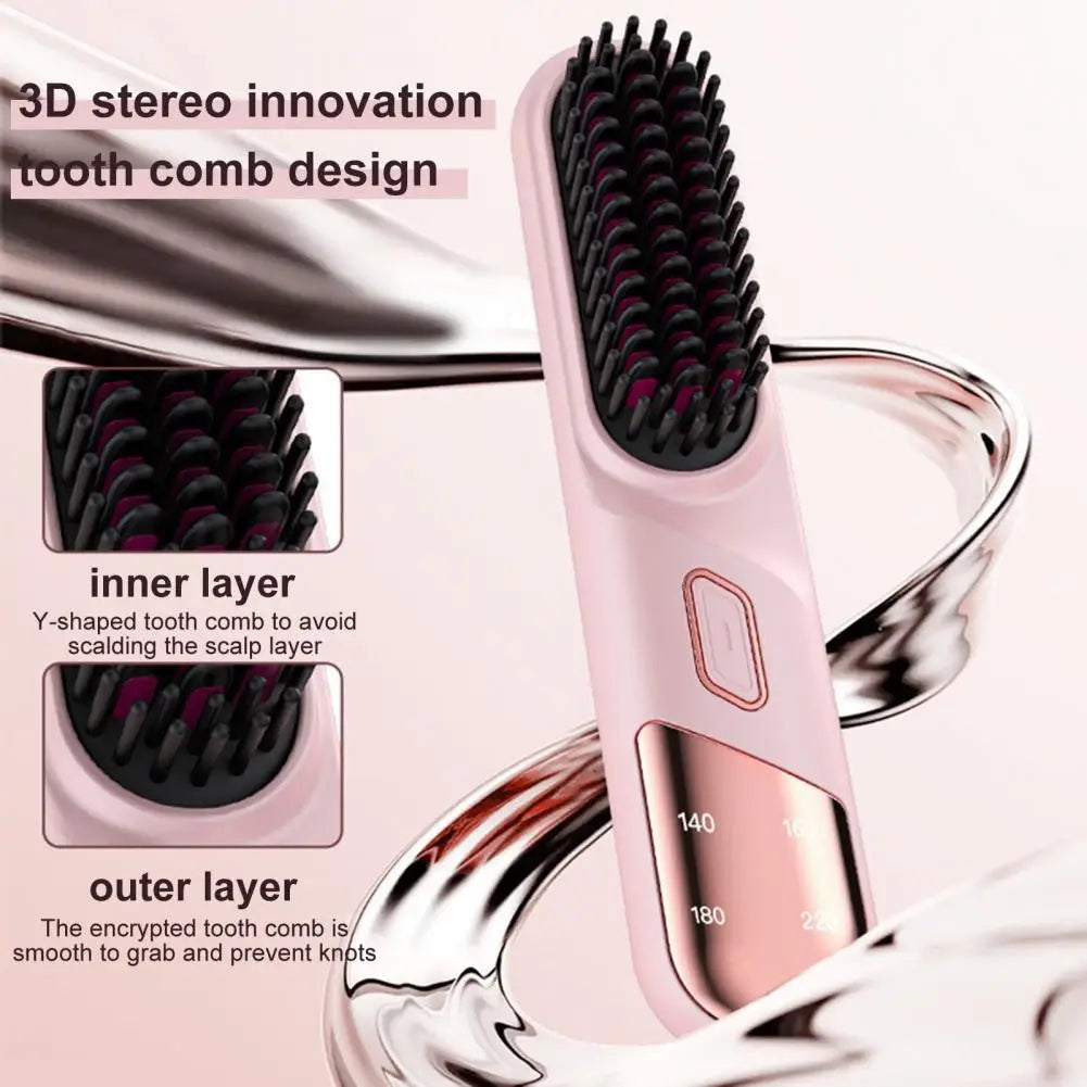 Hair Straightener Brush with USB Rechargeable feature, showcasing its sleek design and adjustable temperature settings.