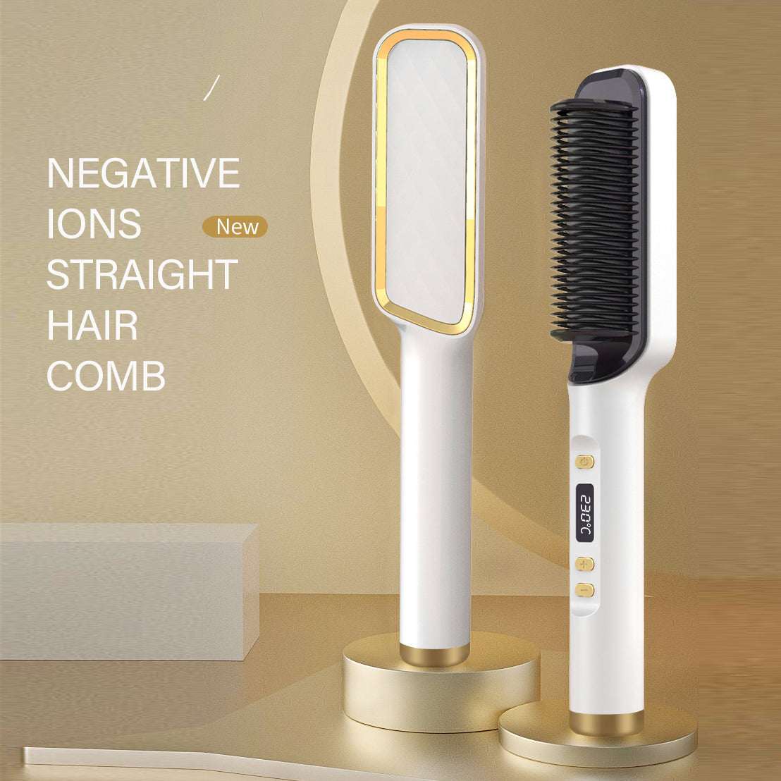 Electric Hair Straightener Brush in gold color with anti-scalding design, showcasing its sleek and modern appearance.