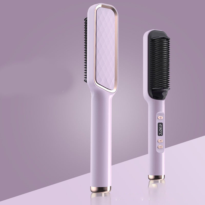 Electric Hair Straightener Brush in gold color with anti-scalding design, showcasing its sleek and modern appearance.