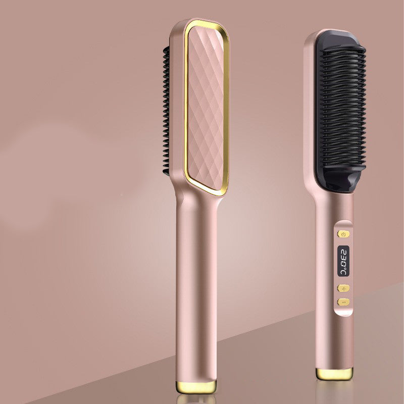 Electric Hair Straightener Brush in gold color with anti-scalding design, showcasing its sleek and modern appearance.