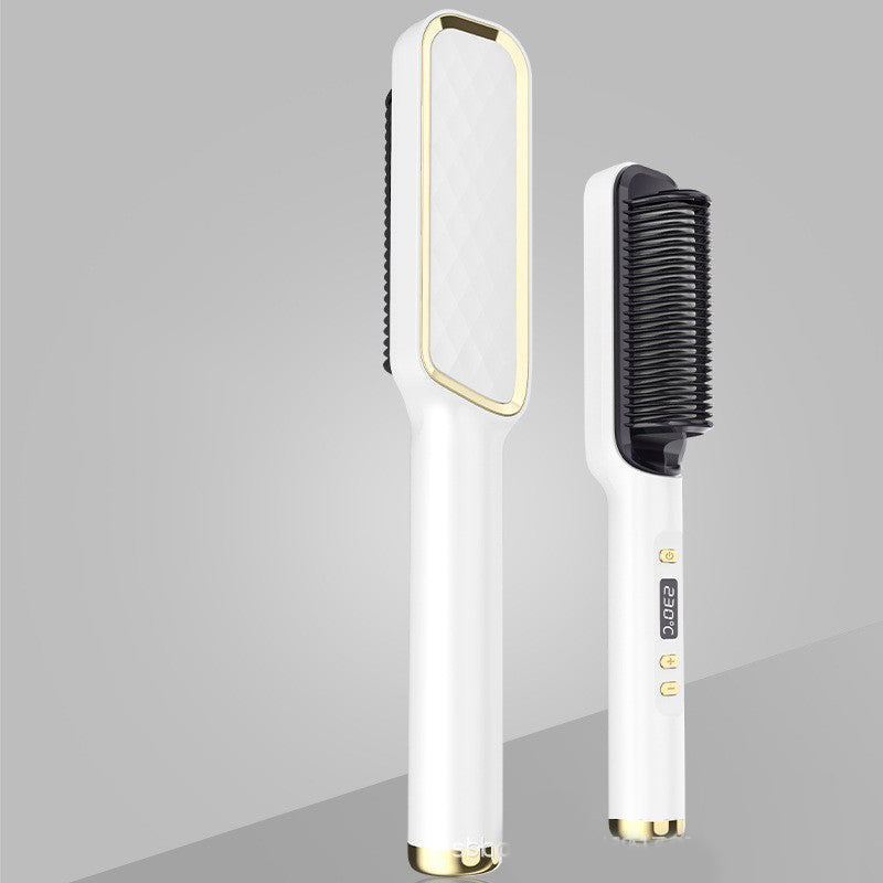 Electric Hair Straightener Brush in gold color with anti-scalding design, showcasing its sleek and modern appearance.