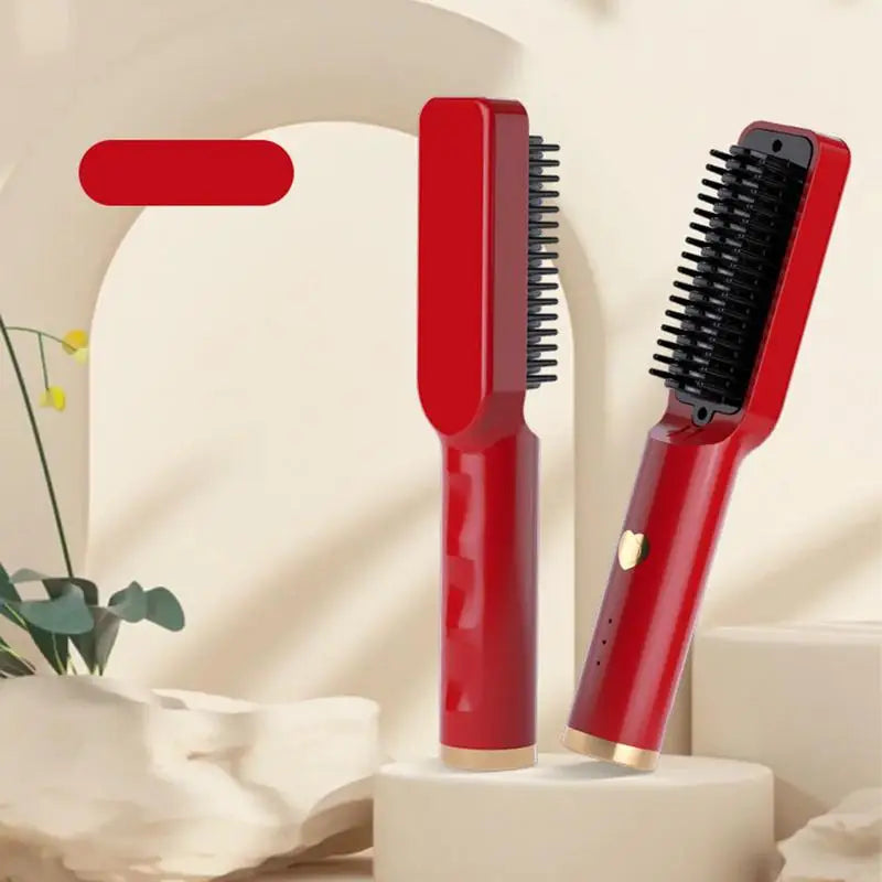 A sleek Hair Straightener Brush Electric Hot Comb with a staggered comb design, showcasing its ergonomic handle and compact size, ideal for straightening and curling hair.