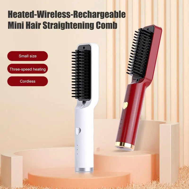 A sleek Hair Straightener Brush Electric Hot Comb with a staggered comb design, showcasing its ergonomic handle and compact size, ideal for straightening and curling hair.