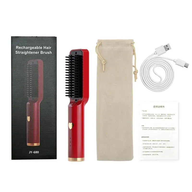 A sleek Hair Straightener Brush Electric Hot Comb with a staggered comb design, showcasing its ergonomic handle and compact size, ideal for straightening and curling hair.