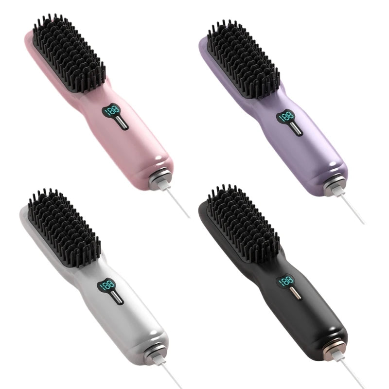 A heated hair straightener brush in various colors, designed for all hair types, showcasing its sleek design and bristle structure.