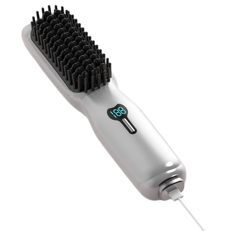 A heated hair straightener brush in various colors, designed for all hair types, showcasing its sleek design and bristle structure.