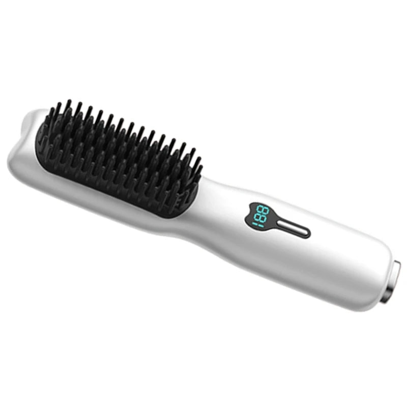 A heated hair straightener brush in various colors, designed for all hair types, showcasing its sleek design and bristle structure.