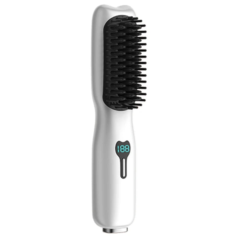 A heated hair straightener brush in various colors, designed for all hair types, showcasing its sleek design and bristle structure.