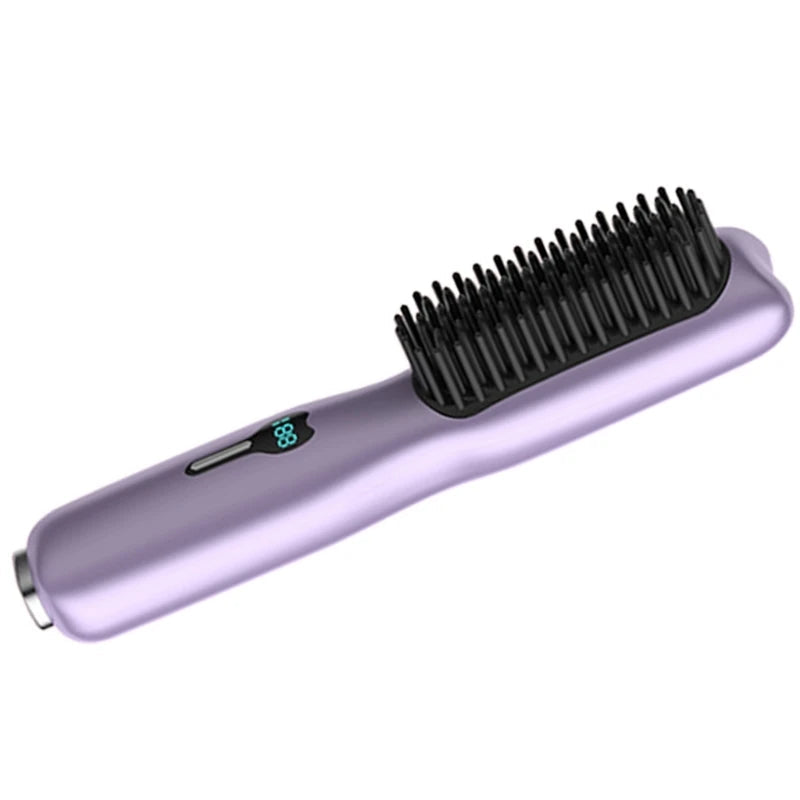 A heated hair straightener brush in various colors, designed for all hair types, showcasing its sleek design and bristle structure.