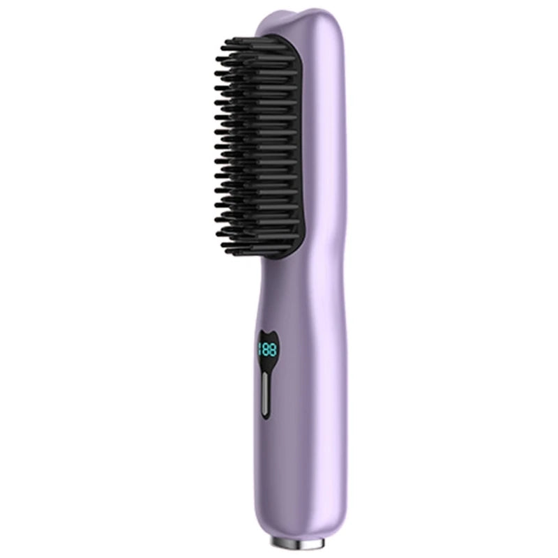 A heated hair straightener brush in various colors, designed for all hair types, showcasing its sleek design and bristle structure.