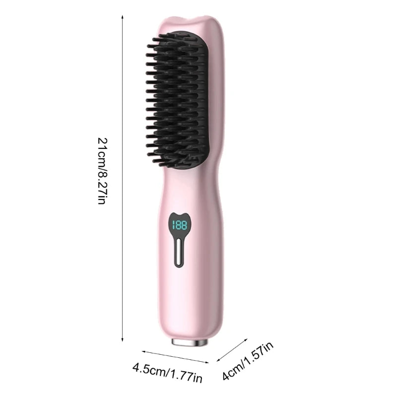 A heated hair straightener brush in various colors, designed for all hair types, showcasing its sleek design and bristle structure.