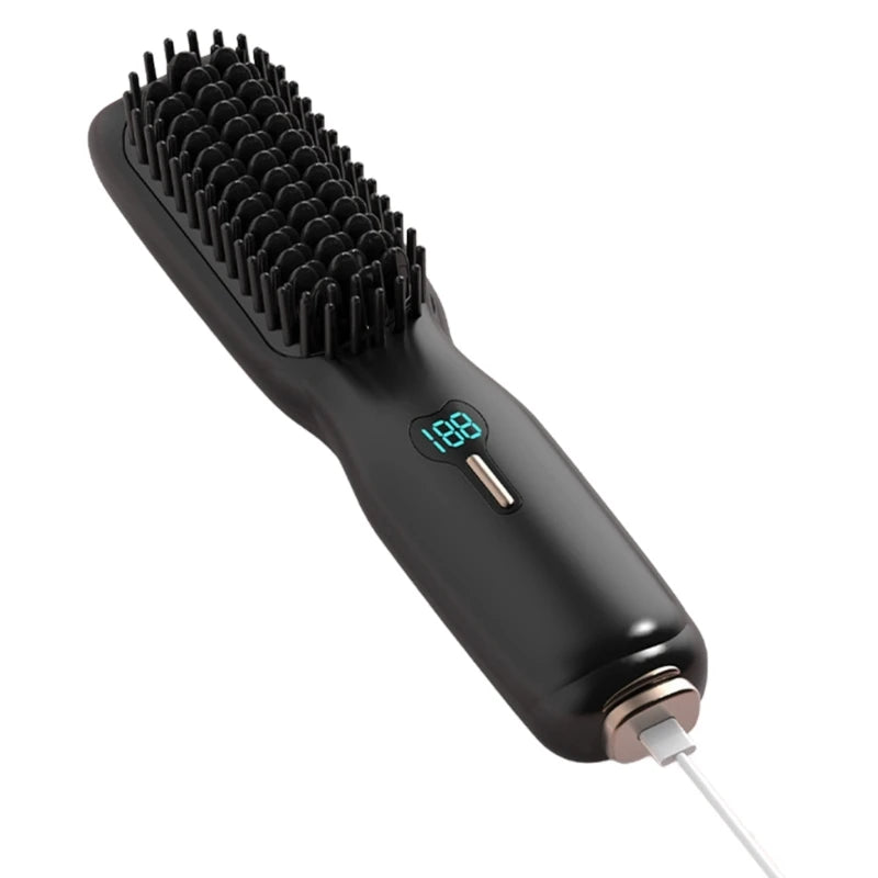 A heated hair straightener brush in various colors, designed for all hair types, showcasing its sleek design and bristle structure.