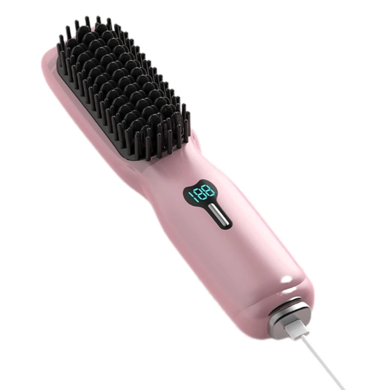 A heated hair straightener brush in various colors, designed for all hair types, showcasing its sleek design and bristle structure.