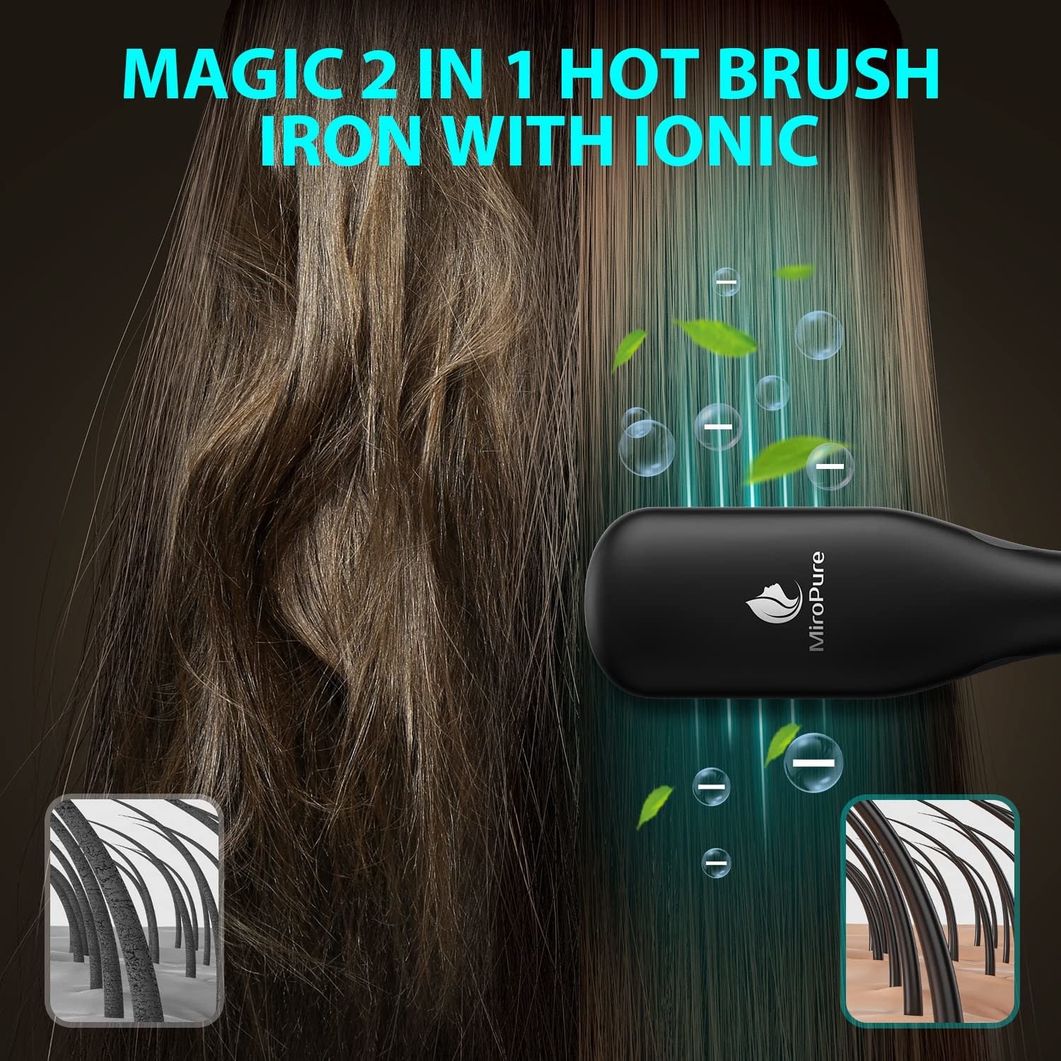 MiroPure Hair Straightener Brush with Ionic Generator, showcasing its sleek design and bristle structure for effective hair styling.