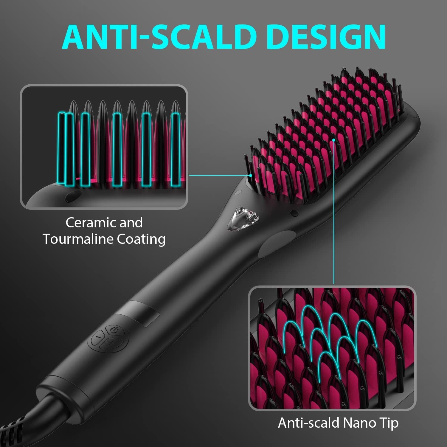 MiroPure Hair Straightener Brush with Ionic Generator, showcasing its sleek design and bristle structure for effective hair styling.