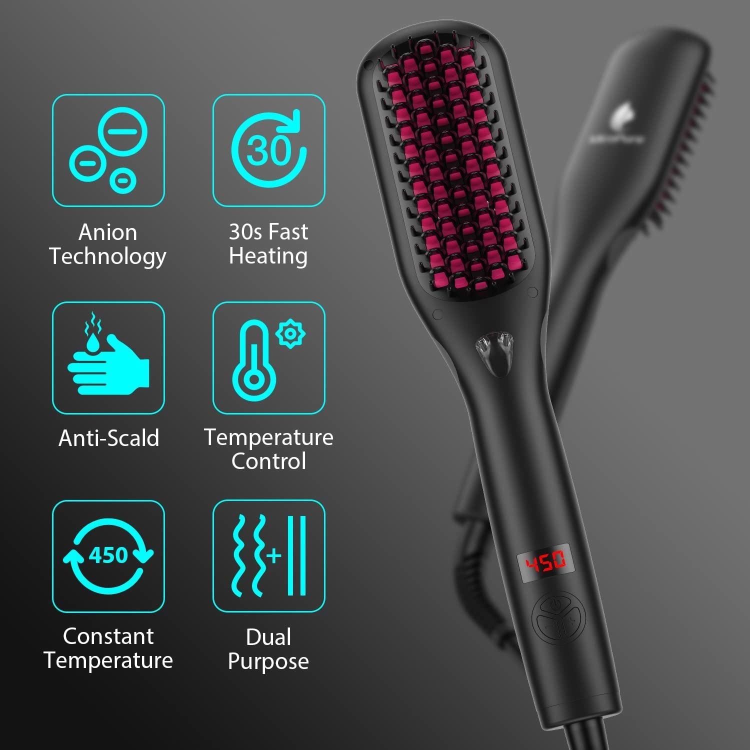 MiroPure Hair Straightener Brush with Ionic Generator, showcasing its sleek design and bristle structure for effective hair styling.