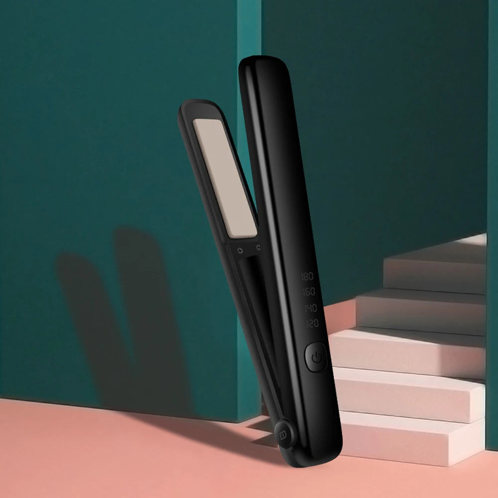 Cordless ceramic hair straightener with floating plates and USB charging, showcasing its sleek design and digital display.