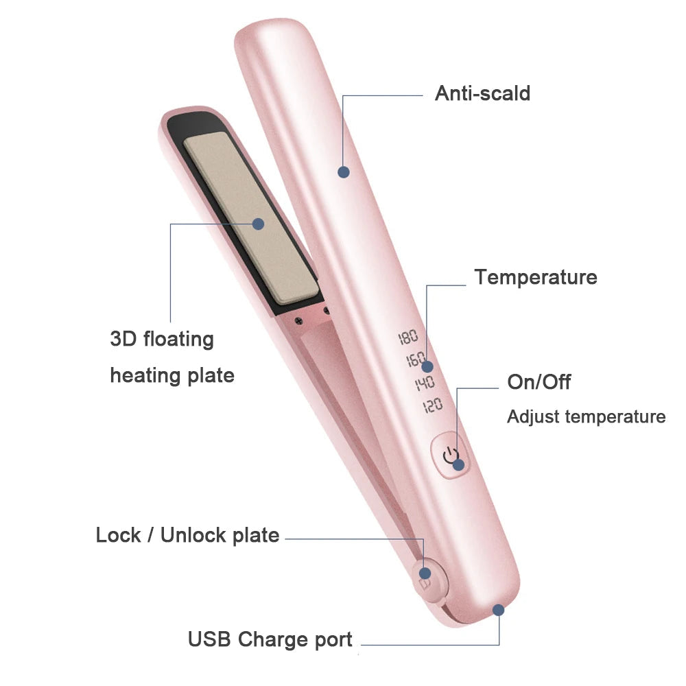 Cordless ceramic hair straightener with floating plates and USB charging, showcasing its sleek design and digital display.