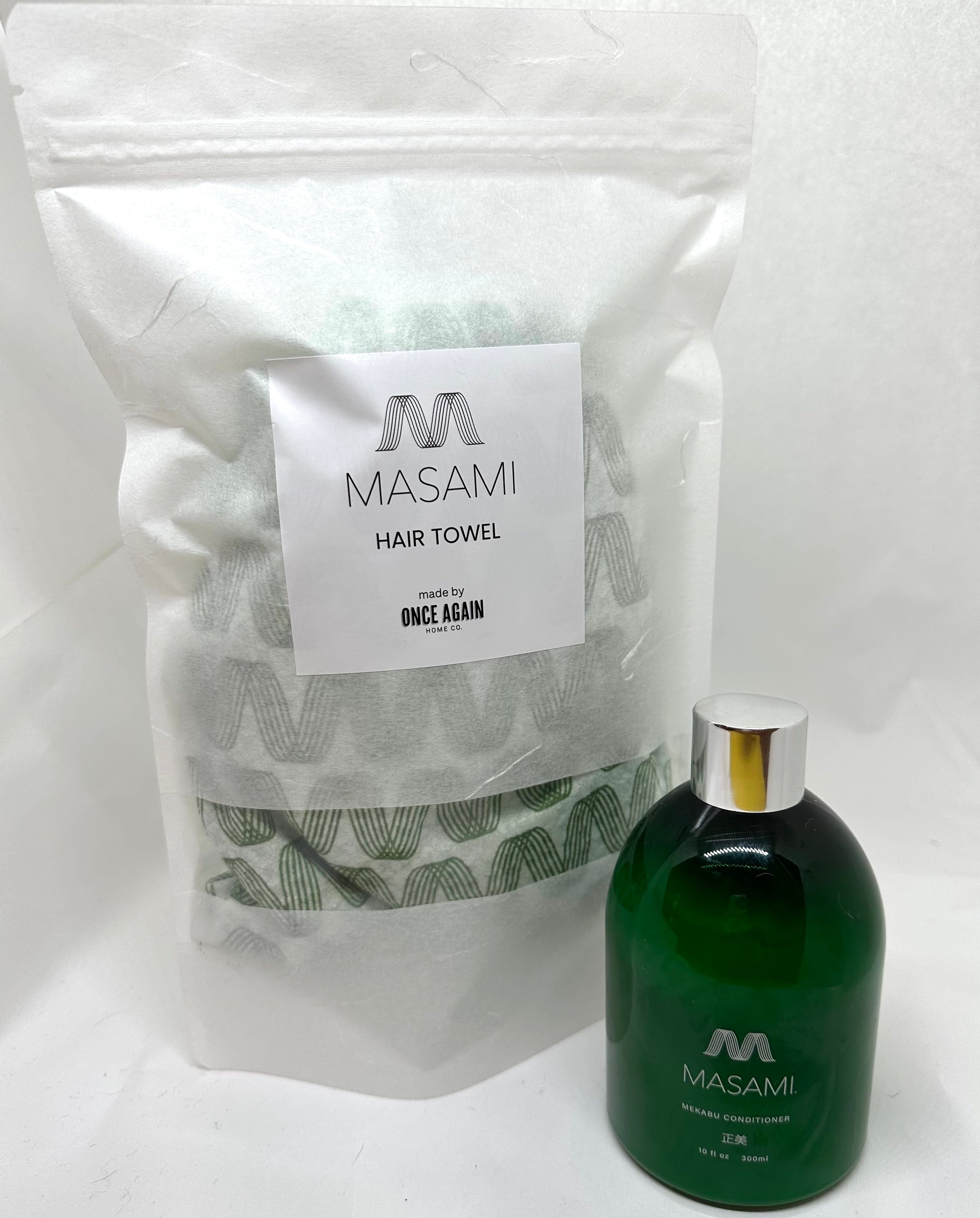 MASAMI Hair Towel and Mekabu Hydrating Conditioner Bundle featuring a fast drying towel and nourishing conditioner for all hair types.