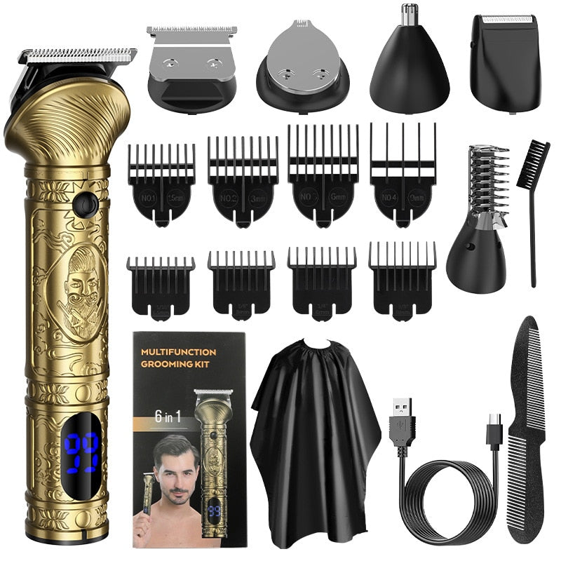 A comprehensive 6 in 1 grooming kit including hair clipper, nose trimmer, and various attachments for versatile grooming.