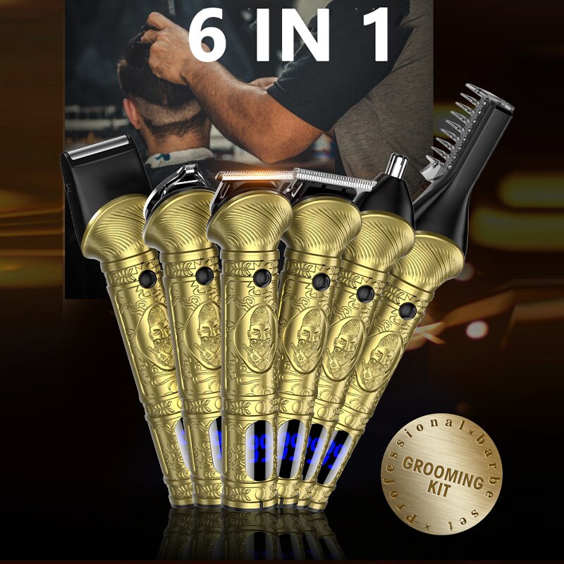 A comprehensive 6 in 1 grooming kit including hair clipper, nose trimmer, and various attachments for versatile grooming.