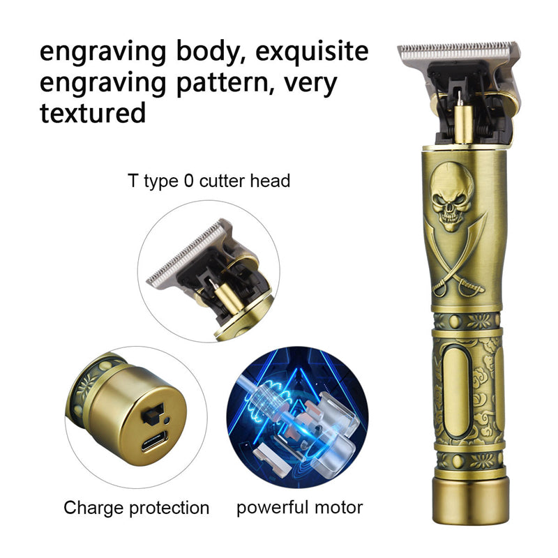 Hair Trimmer Li T-Outliner Skeleton Heavy Hitter, cordless design with stainless steel bracket and engraved metal body.