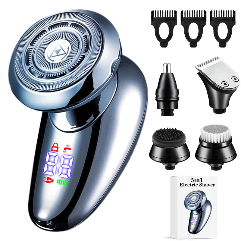 Upgraded 5 in 1 multifunctional bald head shaver for men with various attachments and USB charging capability.