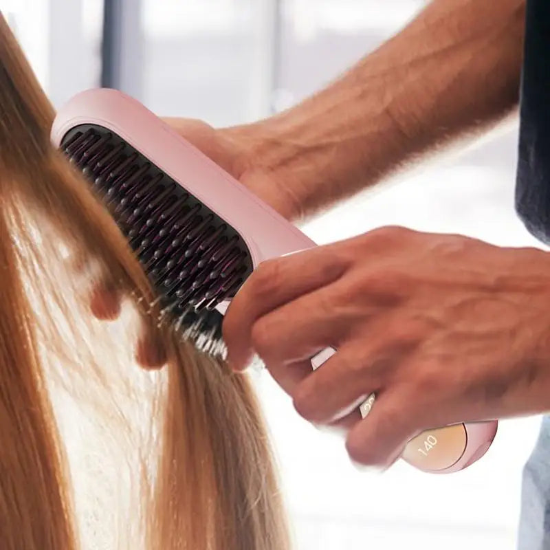 Heating Smoothing Brush with ergonomic design and rounded comb teeth for effortless hair styling.