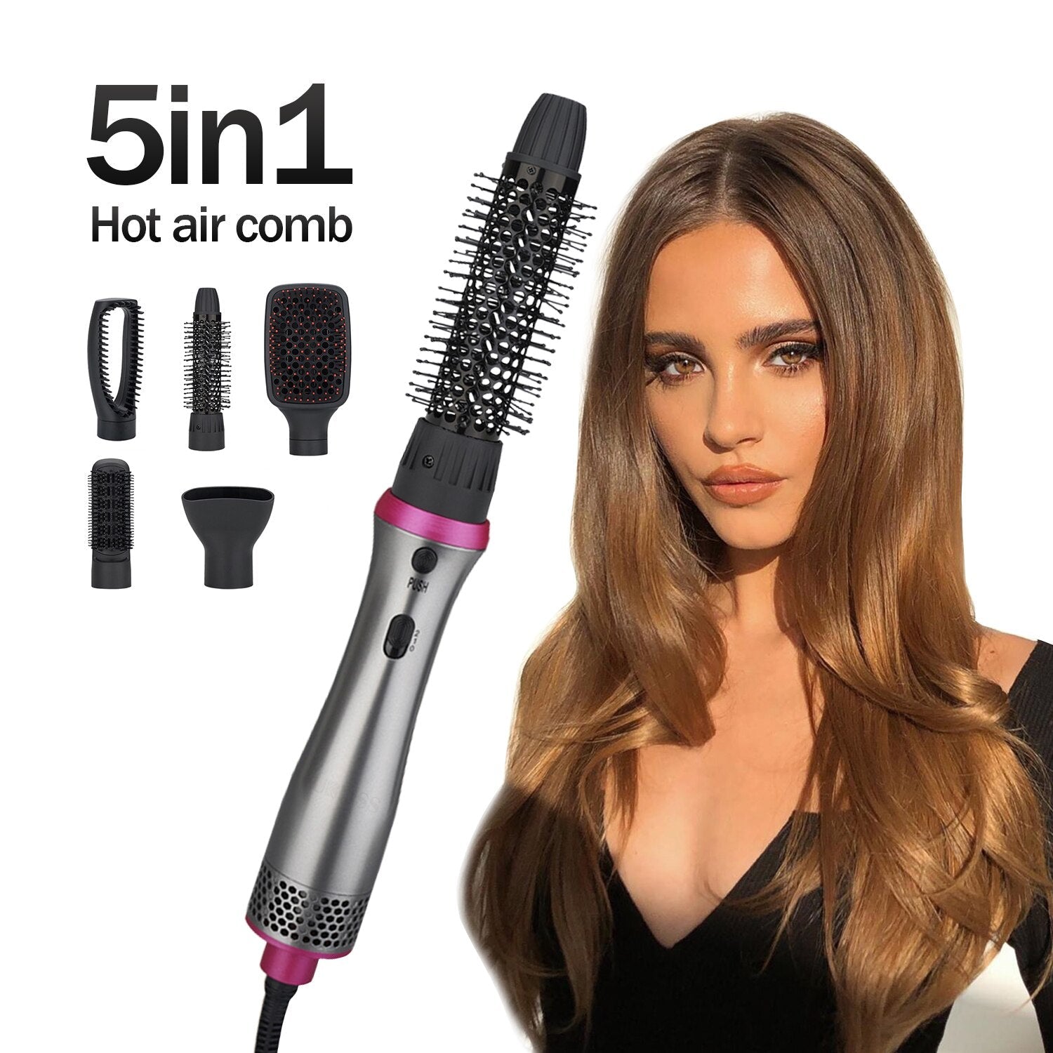 A 5 In 1 Hot Air Comb featuring multiple attachments for hair styling, including a hollow comb, curling comb, and hair dryer function.