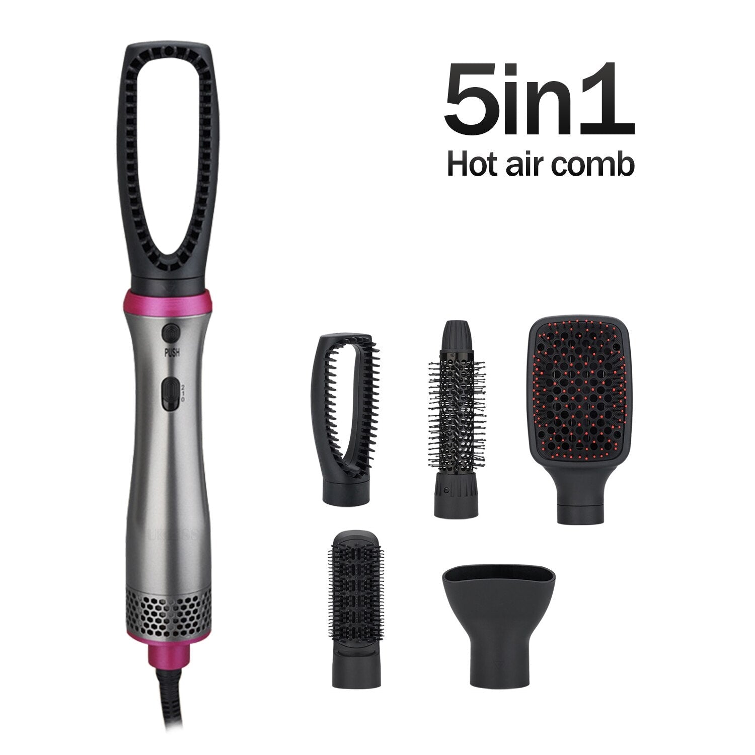 A 5 In 1 Hot Air Comb featuring multiple attachments for hair styling, including a hollow comb, curling comb, and hair dryer function.