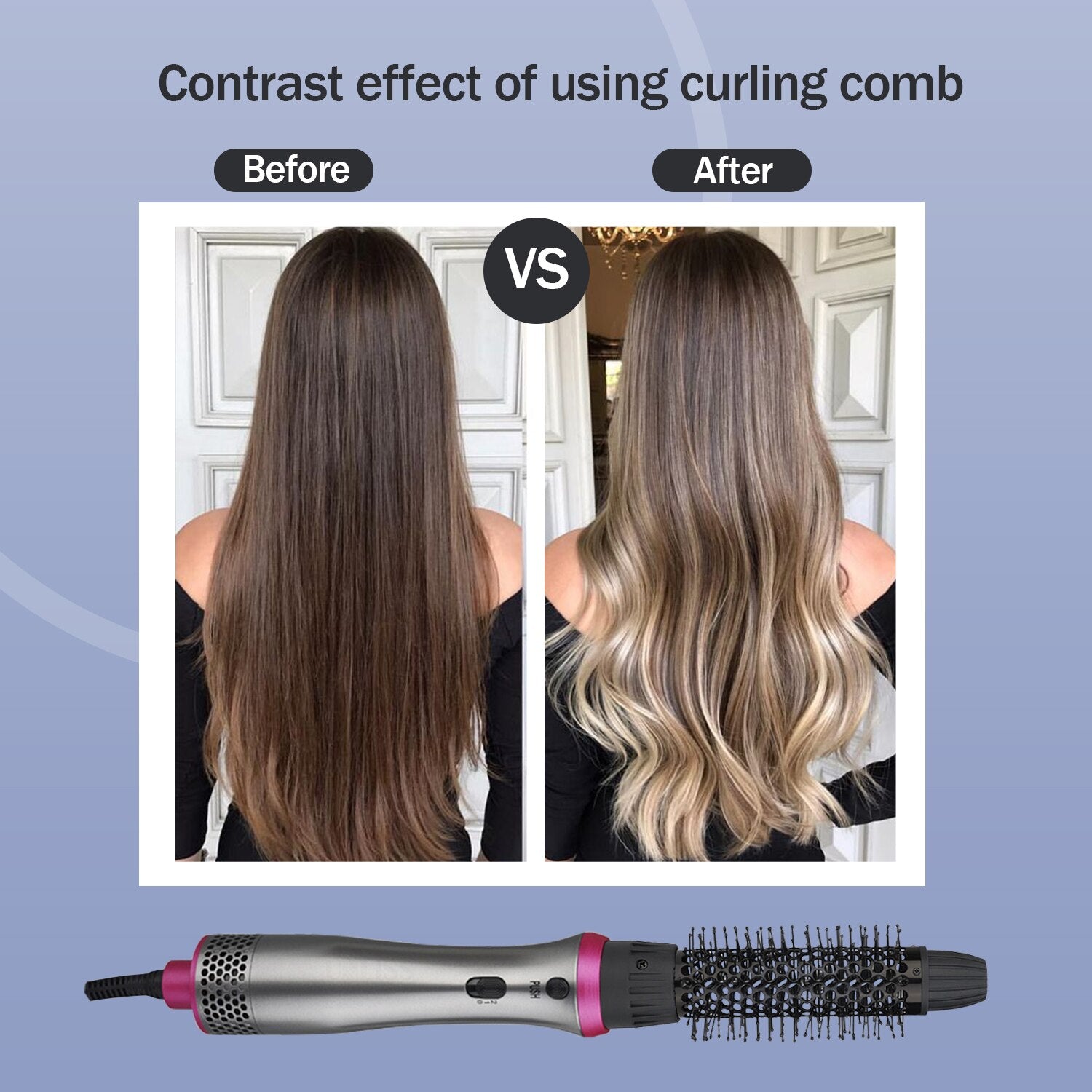 A 5 In 1 Hot Air Comb featuring multiple attachments for hair styling, including a hollow comb, curling comb, and hair dryer function.