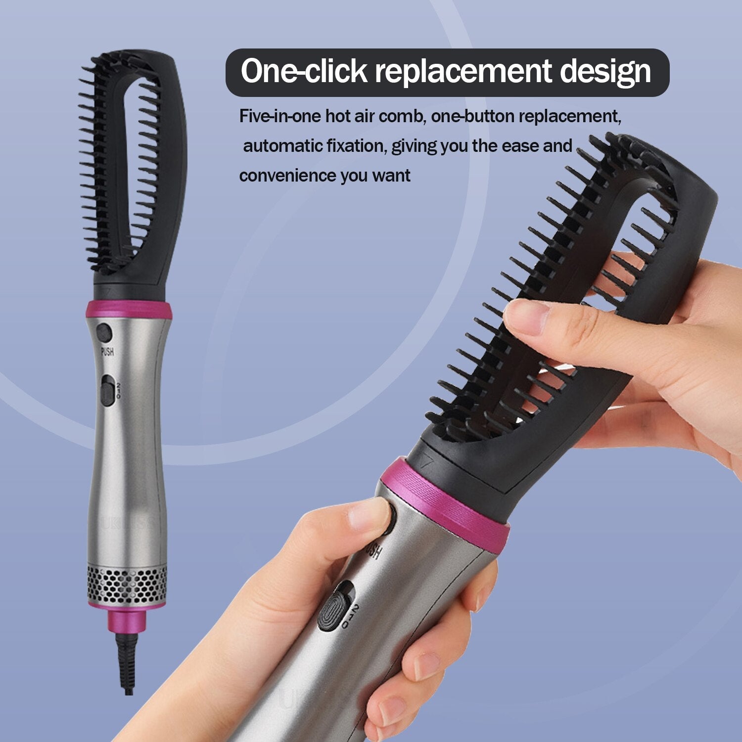 A 5 In 1 Hot Air Comb featuring multiple attachments for hair styling, including a hollow comb, curling comb, and hair dryer function.