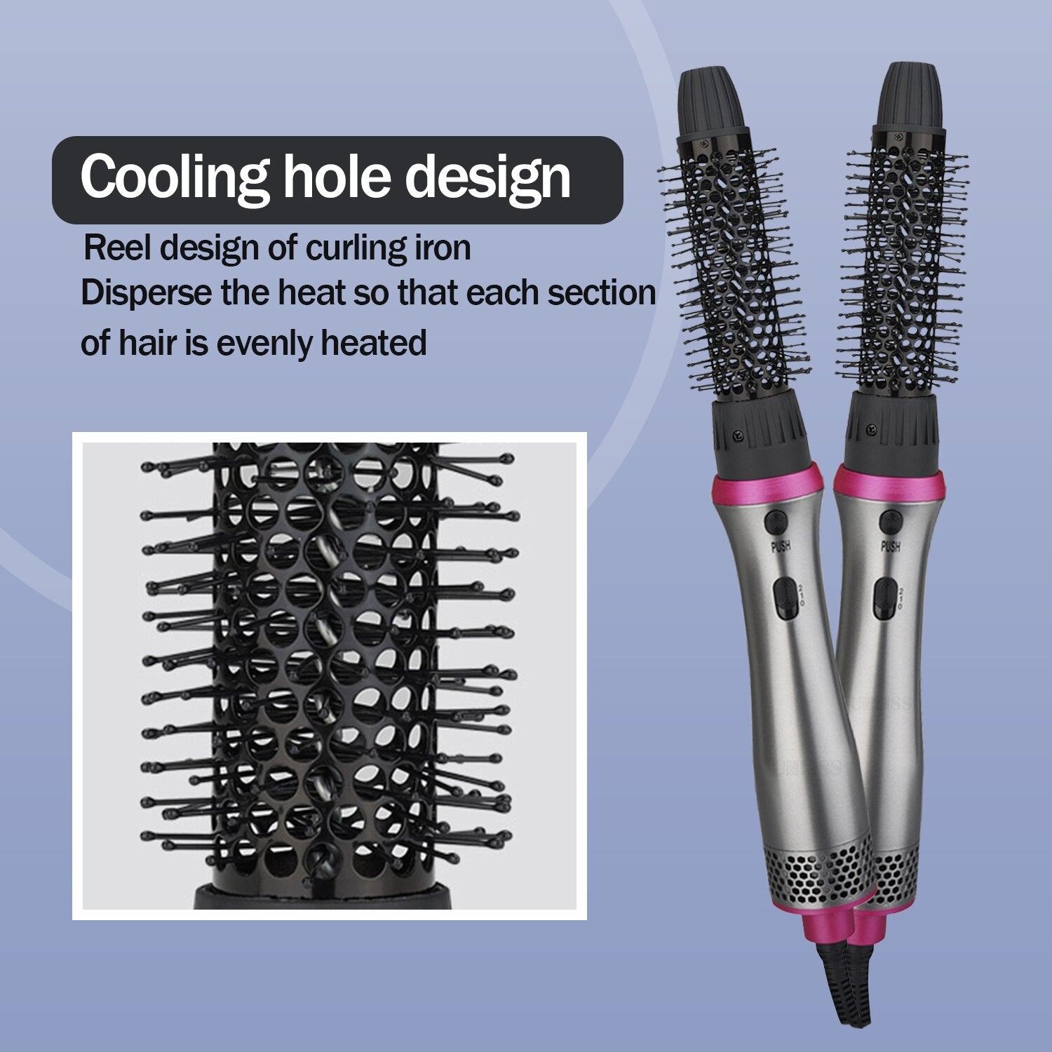 A 5 In 1 Hot Air Comb featuring multiple attachments for hair styling, including a hollow comb, curling comb, and hair dryer function.