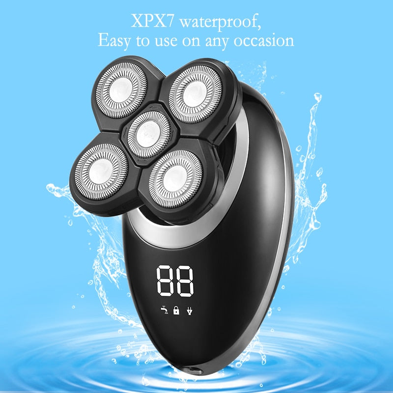 IPX7 Waterproof Electric Shaver Razor for Men, featuring ergonomic design, LCD display, and pop-up trimmer, suitable for wet and dry use.