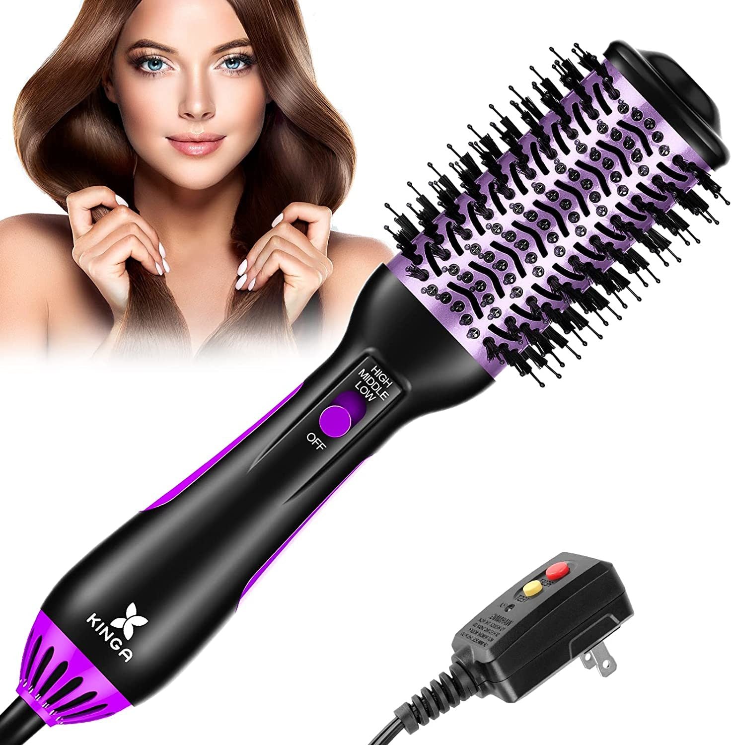 Kinga Hair Dryer Brush showcasing its sleek design and bristles, ideal for drying and styling hair.