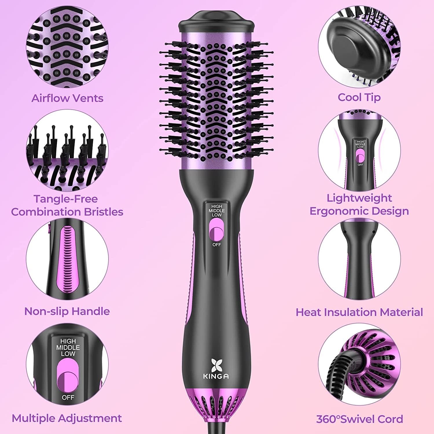 Kinga Hair Dryer Brush showcasing its sleek design and bristles, ideal for drying and styling hair.