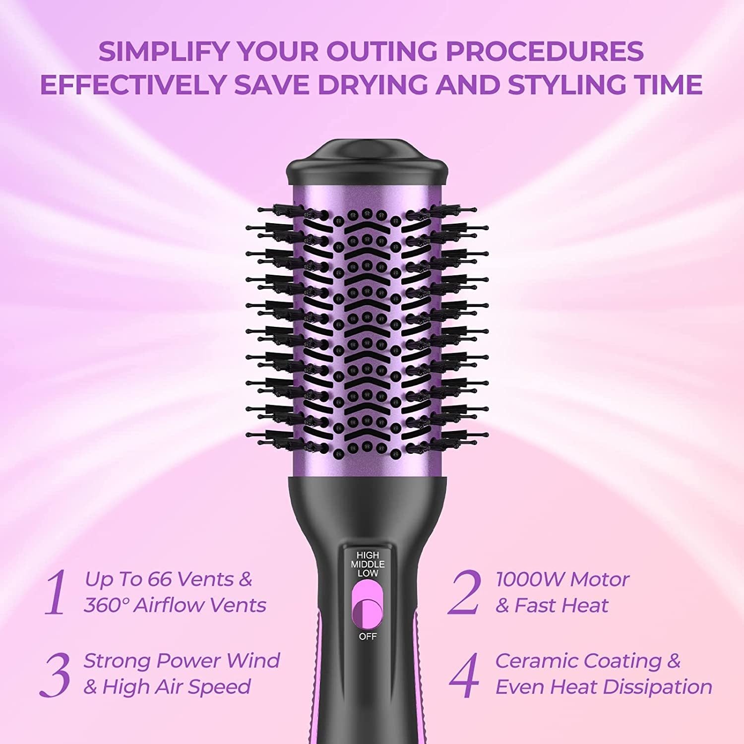 Kinga Hair Dryer Brush showcasing its sleek design and bristles, ideal for drying and styling hair.