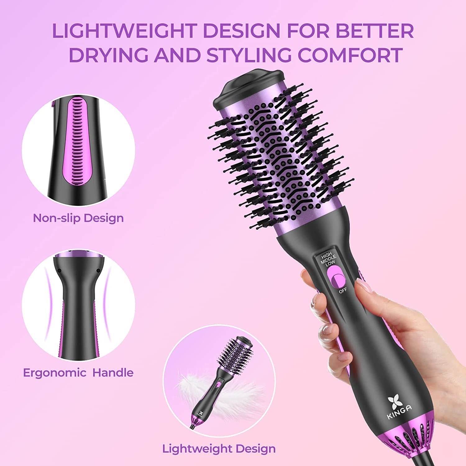 Kinga Hair Dryer Brush showcasing its sleek design and bristles, ideal for drying and styling hair.