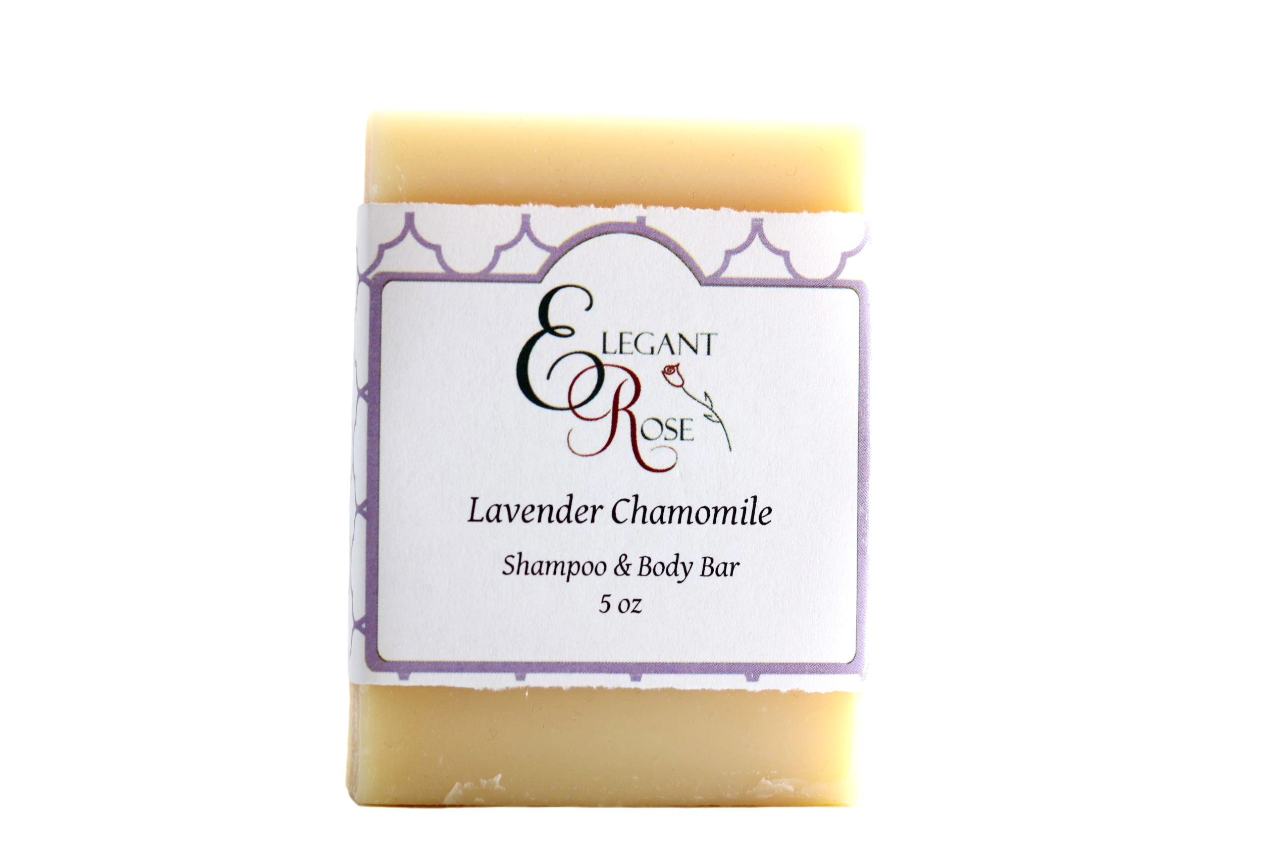 Lavender Chamomile Shampoo Bar with natural ingredients, showcasing its solid form and vibrant colors, ideal for hair care.