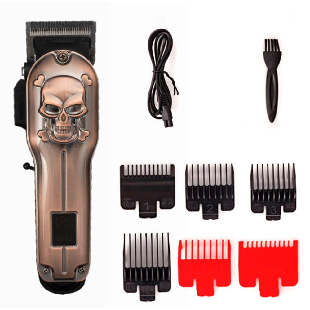 LCD Display Retro Skull Type Hair Clipper with titanium alloy blade and USB charging, showcasing its unique design and features.