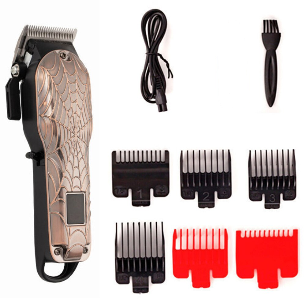 LCD Display Retro Skull Type Hair Clipper with titanium alloy blade and USB charging, showcasing its unique design and features.