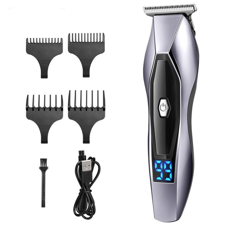 LCD Electric Hair Clipper for Men with USB charging, featuring an LCD display and four guide combs for precision grooming.