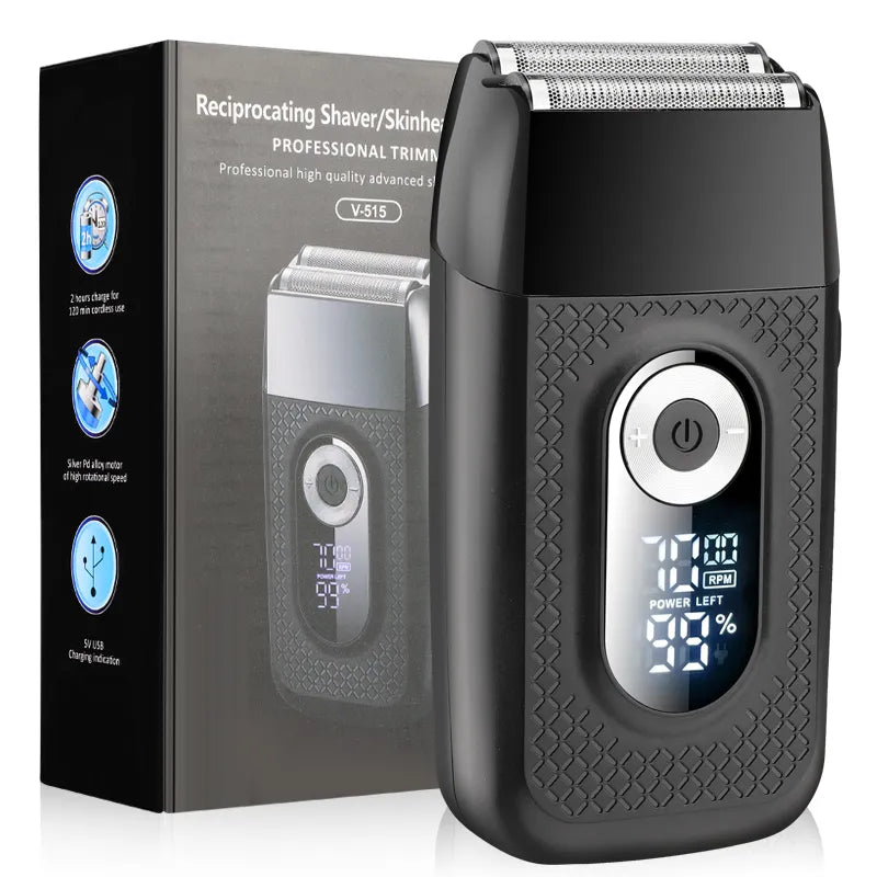 LCD Electric Mini Beard Shaver with a sleek design, featuring a floating double-sided cutter head and an LCD display for battery life.