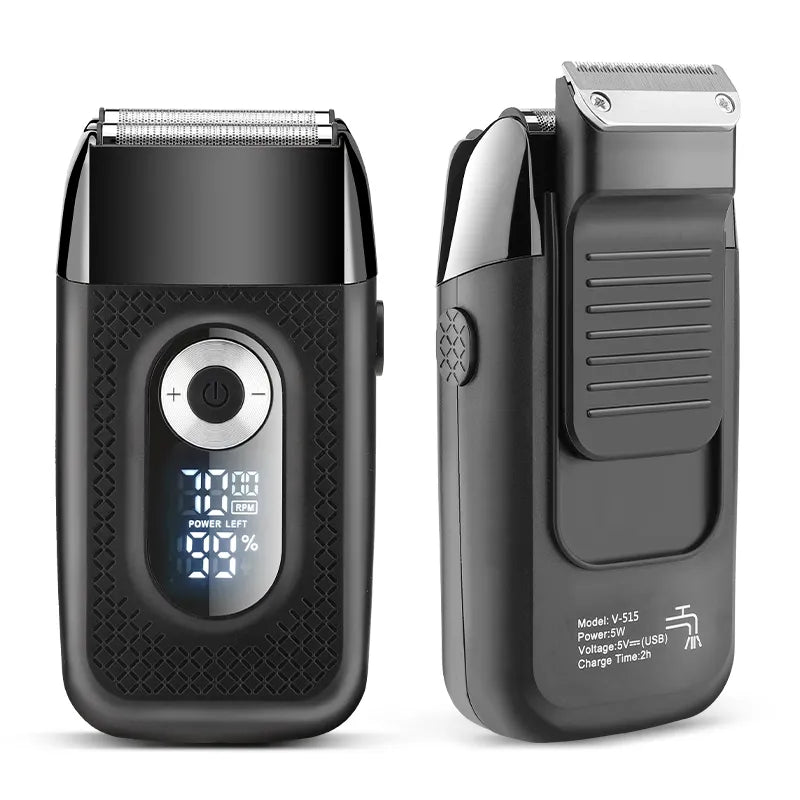 LCD Electric Mini Beard Shaver with a sleek design, featuring a floating double-sided cutter head and an LCD display for battery life.