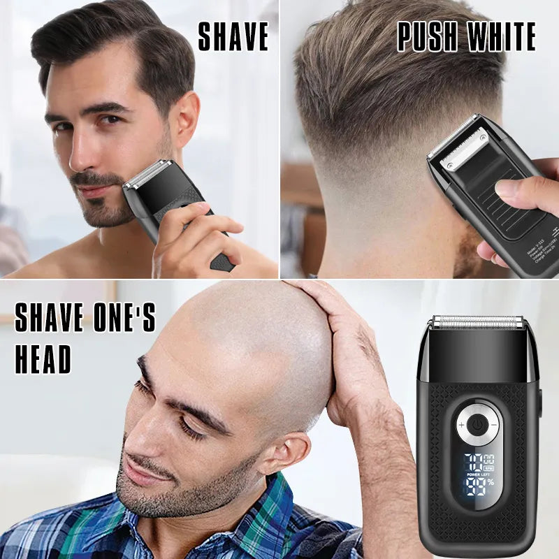 LCD Electric Mini Beard Shaver with a sleek design, featuring a floating double-sided cutter head and an LCD display for battery life.